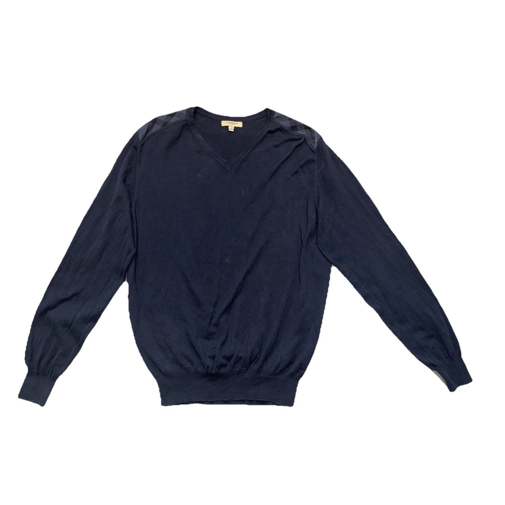 Burberry Sweater Men's L Navy V Neck Cotton  Tonal Check Shoulder Patches *spot‎